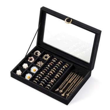 Imagem de bussdis Caixa organizadora de joias com tampa de vidro – Estojo de joias de veludo preto com compartimentos para anéis, ganchos de colar e compartimentos removíveis para brincos, anéis e pulseiras