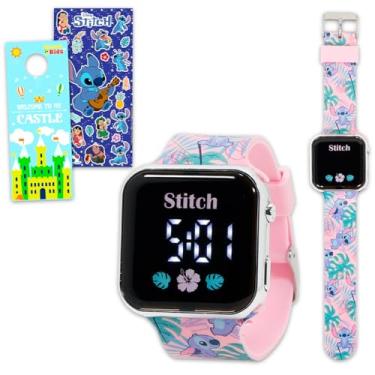 Imagem de Disney Relógio Stitch para crianças – Pacote de relógio digital LCD para crianças com tiras de desenho rosa e adesivos, mais | Relógio de pulso Lilo e Stitch fácil de ler para meninas