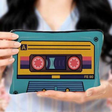 Imagem de Fita cassete retrô vintage pequena bolsa de maquiagem presentes para mulheres e homens, bolsa de cosméticos portátil de viagem de grande capacidade com zíper, bolsa de cosméticos clássica com listras