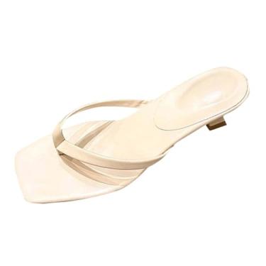 Imagem de Chinelo feminino moderno casual bico quadrado praia verão outono estilo confortável artefato, Bege, 36