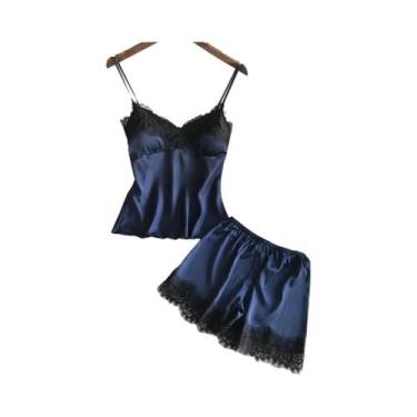 Imagem de Conjunto De Pijama Sem Mangas De Renda E Cetim Sexy Para Mulheres, Rou