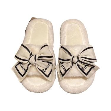 Imagem de Chinelos De Inverno Femininos De Pelúcia Macia Com Laço Designer Calça