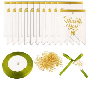 Imagem de Pacote com 100 etiquetas de presente de agradecimento - 100 etiquetas de agradecimento e 100 pinos e 1 rolo de fita verde - etiquetas de papel para pendurar para saco de petiscos, roupas, artesanato