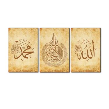 Imagem de Pacimo 3 peças de arte de parede islâmica para sala de estar Ayatul Kursi Allah decoração de parede caligrafia árabe nome Muhammad impressões em tela imagens pôsteres do Alcorão pinturas religiosas