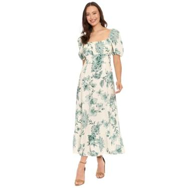 Imagem de London Times Vestido feminino evasê com gola quadrada e manga bufante - Vestidos maxi para convidados de casamento, Softwhite/Slate Aqua, 36