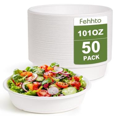 Imagem de FEHHTO Tigela de papel descartável extra grande de fibra de cana de açúcar de 2,9 ml, tigela de servir redonda resistente para sopas, massas e pratos picantes, utensílios de mesa ecológicos para