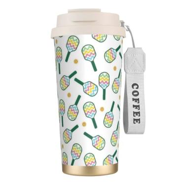 Imagem de NOCTILYRA Copo de café isolado Pickleball com tampa, caneca de café de viagem de aço inoxidável, isolada a vácuo, reutilizável, garrafa de água