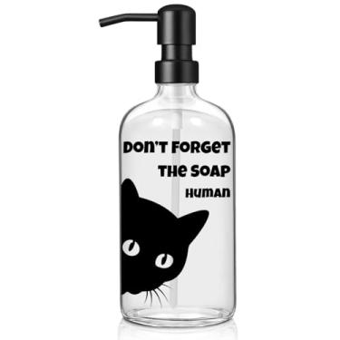 Imagem de zuxzmj Dispensador de sabão Black Cat de vidro transparente de 482 g com bomba de aço inoxidável 304 acessórios de banheiro decoração de gato fofo presente para amantes de gatos