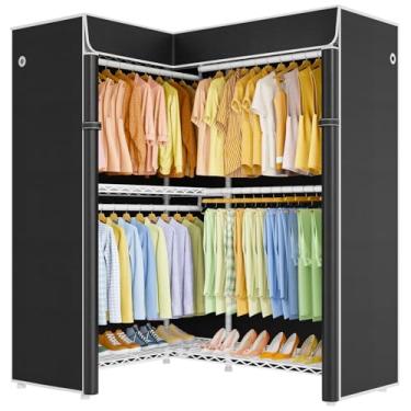 Imagem de ULIFHOME E15C Suporte de roupas em forma de L para canto, suporte independente para pendurar roupas, organizador de armário resistente 109 cm L x 48 cm P x 192 cm A, suporte branco com capa preta à