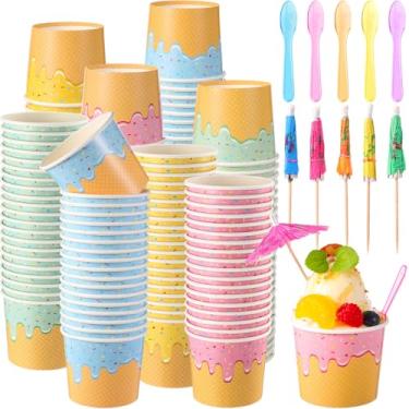 Imagem de Ninehaoou Conjunto de 100 copos de sorvete de papel de 170 g com 100 colheres de plástico, 100 mini guarda-chuvas de coquetel, tigelas de sobremesa, sorvete, sundae, kit para lembrancinhas de festa de