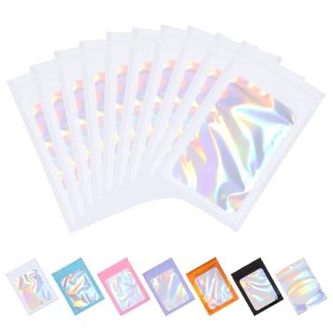 Imagem de Tiparts 100 sacos holográficos Mylar, sacos brancos resseláveis com janela frontal transparente para armazenamento de alimentos, joias, doces, embalagens para pequenas empresas