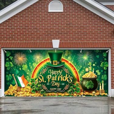 Imagem de Decoração de faixa de porta de garagem, grande decoração de capa de páscoa interna externa para casa, pano de fundo de festa de férias à prova d'água para varanda, quintal, parede (chapéu de duende