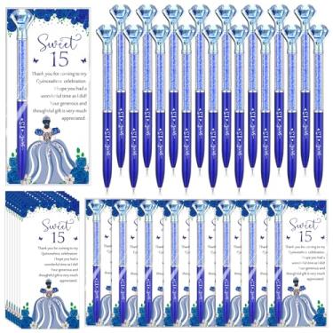 Imagem de Sayglossy 30 conjuntos de lembrancinhas de festa de quinze anos, doces, presentes de agradecimento, canetas de diamante com cartões de agradecimento, canetas esferográficas retráteis, 15 presentes de