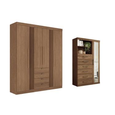 Imagem de Guarda Roupa e Cômoda Casal Kit QC301 4 Portas de Bater 4 Gavetas em MDP Fosco Texturiz...