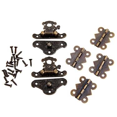 Imagem de Dobradiça, 4 peças de armário de bronze antigo com 2 peças de caixa de madeira para joias, ferrolho com fecho em V