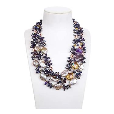 Imagem de DWBPGVUN Joias 50,8 cm 3 fileiras roxo Keshi pérola roxa ametista cristal ágata colar para mulheres