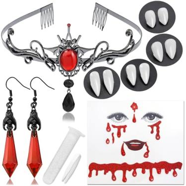 Imagem de Aswitnove 6 peças de acessórios de vampiro gótico com 4 tamanhos de presas de vampiro de morcego escuro brincos de vampiro pente de pedra vermelha para cabeça tiara fantasias de Halloween adereços de