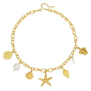 Imagem de Colar com pingente de sol, estrela-do-mar, pérola, coração, tartaruga, sol, dopamina, aço inoxidável, clavícula, joia banhada a ouro