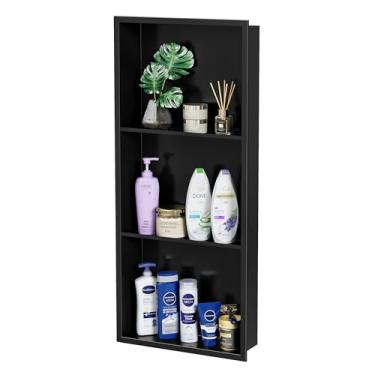 Imagem de Neohomee Nicho de chuveiro de aço inoxidável de 3 camadas – Armário de parede embutido à prova d'água com prateleiras, sem necessidade de azulejo, fácil instalação (preto fosco, 35 x 91 cm)