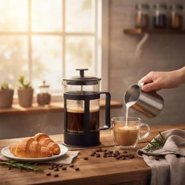 Imagem de Cafeteira Prensa Francesa 300ml, Vidro Borossilicato, Cremeira Manual para Café Chá e Leite, Espumador Barista, Preto
