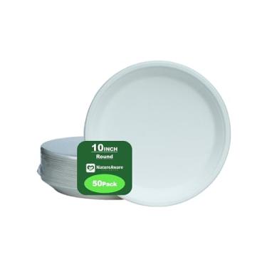 Imagem de NatureAware Pratos de papel branco redondos premium de 25,4 cm [pacote com 50] - 100% compostáveis e ecológicos descartáveis, resistentes, sem PFA, feitos de bagaço de cana (pratos redondos de 25,4