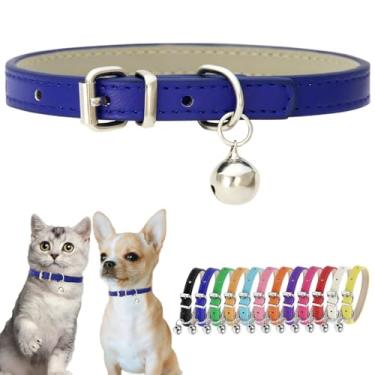 Imagem de Coleira de cachorro pequena azul marinho com sino para coleira de cachorro de couro sintético com sinos ajustável coleira básica para gatinhos meninos meninas coleira para gatos para XXS XXsmal XS