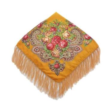 Imagem de Lenço Quadrado Floral com Franjas - Estilo Ucraniano Babushka, Cúrcuma