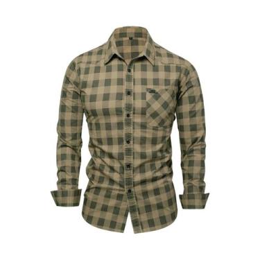 Imagem de Camisa De Algodão Xadrez Masculina Para O Outono, Casual, Com Botões, 