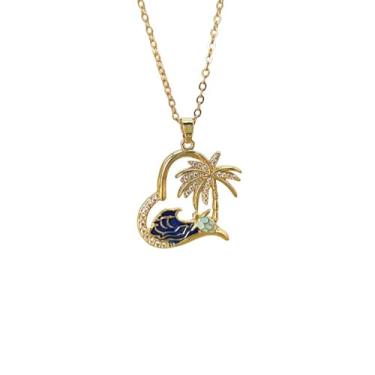 Imagem de Colar feminino com pingente de tartaruga de coração de cristal CZ Love Heart Palm Tree banhado a ouro Havaí, nupcial, oceano tropical, onda, casamento, dama de honra, 45,7 cm
