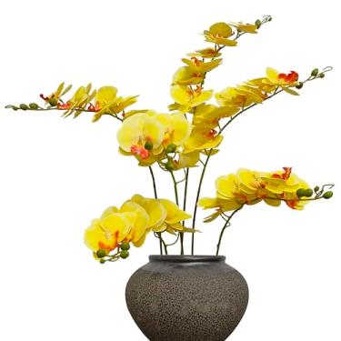 Imagem de ATFL Pacote com 6 flores artificiais de orquídea, toque real, 81 cm, buquês artificiais de seda falsa para festa de casamento, decoração de jardim, orquídeas artificiais para decoração (6, amarelo)
