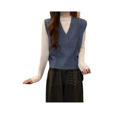 Imagem de Colete De Tricô Vintage Feminino Com Decote Em V, Sem Mangas, Suéter C