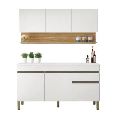 Imagem de Kit Armário de Cozinha e Balcão Completa 1,50m Line Branco / Madeirado Kit's Paraná Madeir/Bra