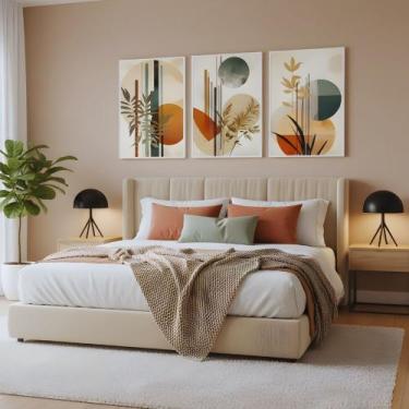 Imagem de Kit 3 Quadros Boho Abstrato Folhagem Nude com Moldura - Equadros, Bran