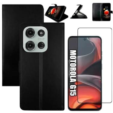 Imagem de Kit Capa Capinha Carteira Para Motorola Moto G15 Em Couro Sintético e Película De Vidro 3D
