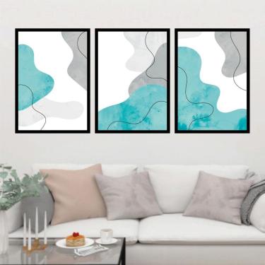 Imagem de Kit 3 Quadros Decorativos Abstrato Azul e Cinza
