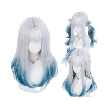 Imagem de Peruca Sintética Longa Lisa Ombré Prata Cinza Azul Com Franja Para Cos