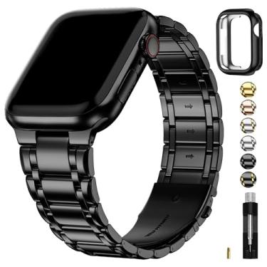 Imagem de Fullmosa Pulseiras Compatíveis com Apple Watch 49mm 45mm 44mm 42mm 41mm 40mm 38mm, Pulseira de Aço Inoxidável com Capa para Apple Watch Ultra2 Ultra Series 9 8 7 6 5 4 3 2 1 SE SE2, 45mm 44mm 42mm Preto