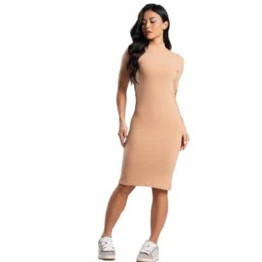 Imagem de Vestido Midi Manga Curta Serra e Mar Modas Gola Alta Blogueira Canelado Moda Casual Fem...