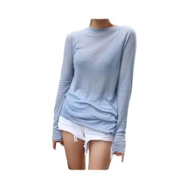 Imagem de Camiseta Feminina Azul De Manga Comprida Estilo Coreano Casual Ligeira