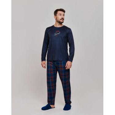Imagem de Pijama Cia Do Corpo 5744 Masculino Suedy Xadrez Adulto, P, Marinho