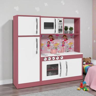 Imagem de Cozinha Infantil Completa Armário com Fogão e Geladeira Lux Branco Rosa em Mdf de Casa