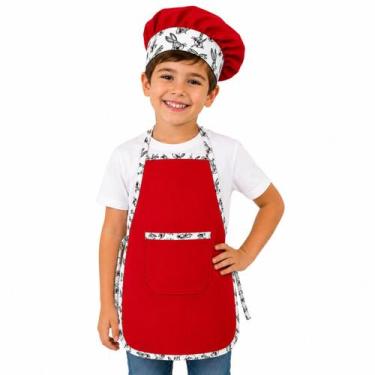Imagem de Kit Avental Infantil Com Bolso Touca Menino Escolar Vermelho - Full Fl