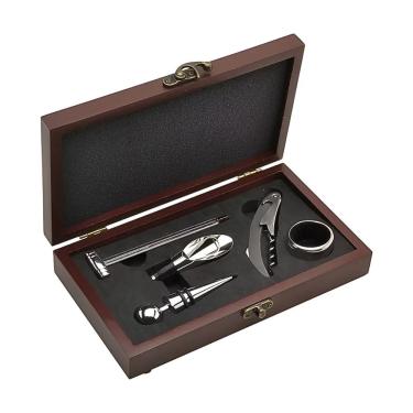 Imagem de Kit Porta Vinho 536T 5 Peças Inox com Caixa de Madeira Acessórios para Servir Presente Uny Home