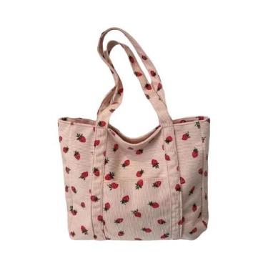 Imagem de Bolsa Tote De Corduroy Com Estampa De Morangos, Grande Capacidade, Fas