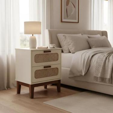 Imagem de Mesa de Cabeceira 2 Gavetas Santorini Off White 45 Cm com Tela Indiana