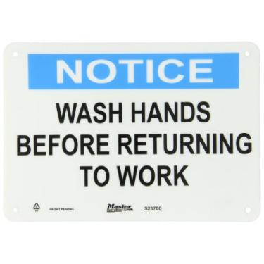 Imagem de Master Lock S23700 25,4 cm de largura x 17,7 cm de altura em polipropileno, azul e preto em branco, placa de segurança "Aviso", legenda "Lavar as mãos antes de voltar ao trabalho"