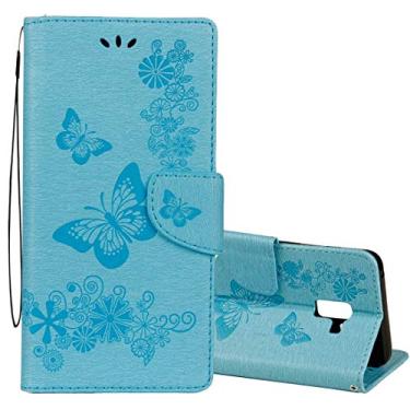 Imagem de Capa ultrafina para Galaxy A8 (2018) vintage em relevo estampa floral de borboleta com compartimento para cartões, carteira e cordão (preto) Capa traseira para telefone (cor azul)