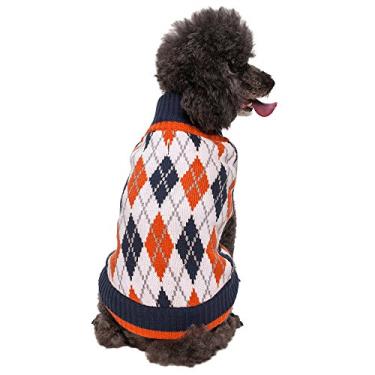 Imagem de Blueberry Pet Suéter de cachorro com 2 estampas chiques Argyle em azul escuro e laranja princeton, comprimento das costas 30,5 cm, pacote com 1 roupa para cães