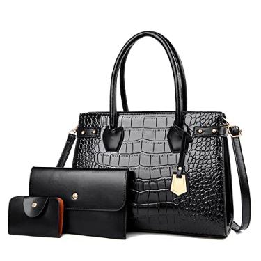 Imagem de Bolsas e Bolsas de Couro PU Crossbody para Mulheres Moda Crocodilo Padrão Top Handle Satchel Purse Set 3 pçs, Preto