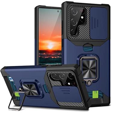 Imagem de OIOMAGPIE Capa protetora para celular com suporte de cartão de janela deslizante para Samsung Galaxy S22 S21 S30 Ultra Plus FE Note 20 Pro, capa de proteção de lente (azul-marinho, S21/S30)